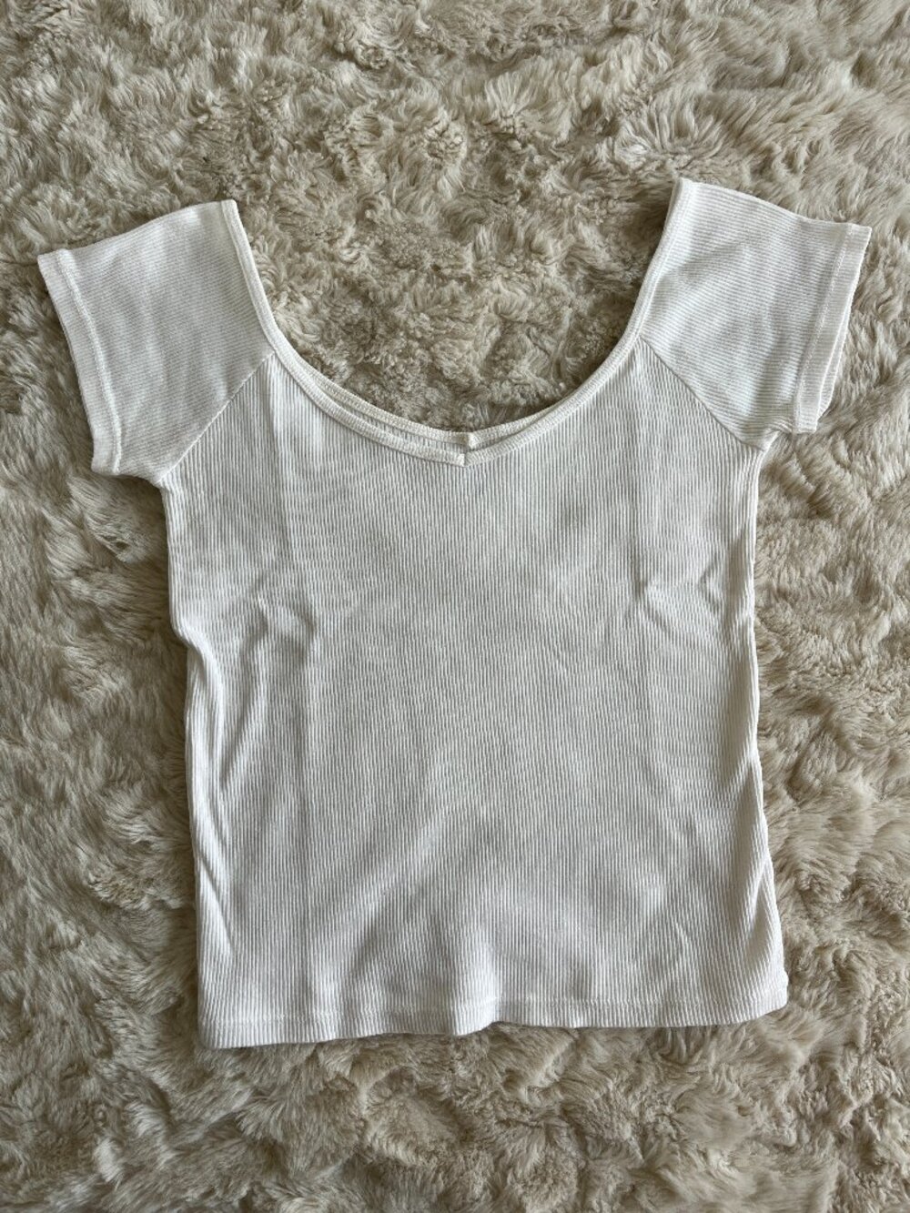 Brandy Melville White Ribbed V-Neck Cap-Sleeve Top